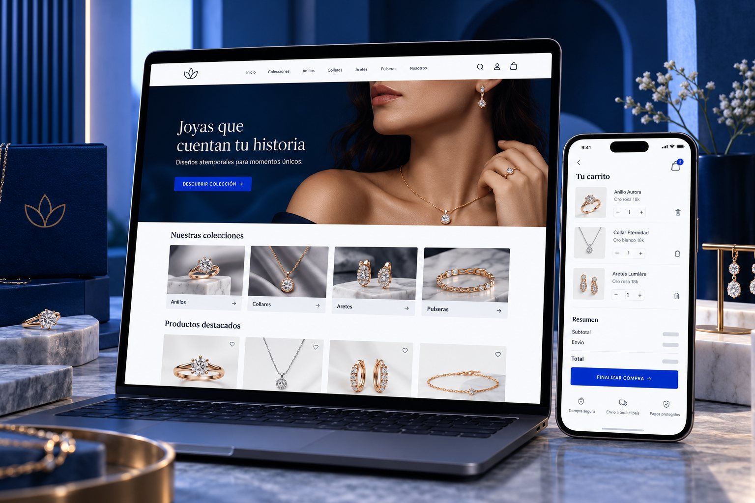 Referencia del paquete E-commerce: tienda online de joyas con colecciones y productos en un portátil y el carrito de compra en un teléfono.