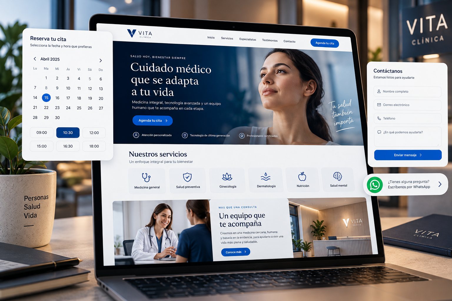 Referencia del paquete Landing con integraciones: sitio de una clínica con calendario de reservas, formulario de contacto y botón de WhatsApp.