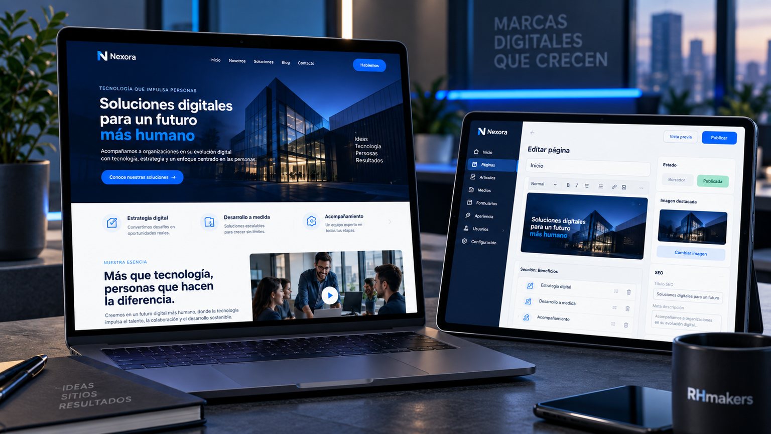 Referencia del paquete Sitio autogestionable: sitio corporativo en un portátil y su panel de edición de páginas en una tableta.