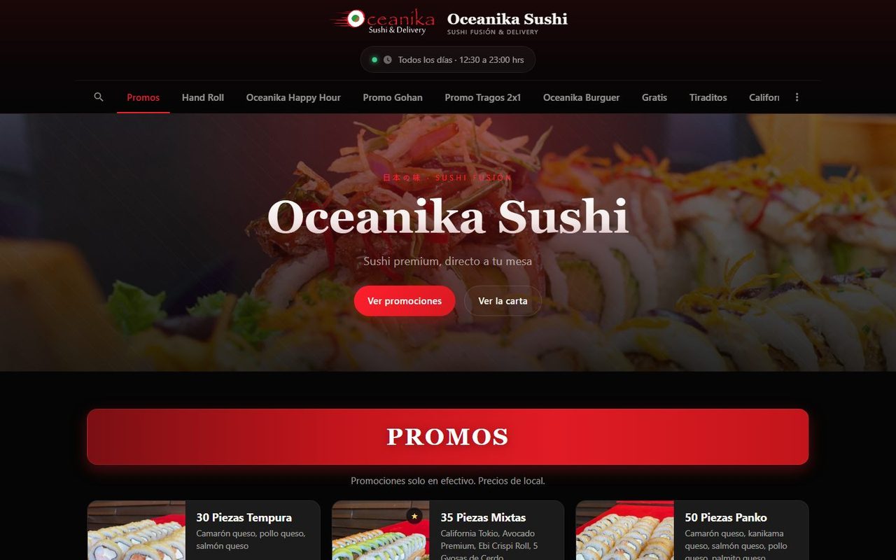 Captura de la carta digital de Oceanika Sushi, proyecto de Ramses Huggins
